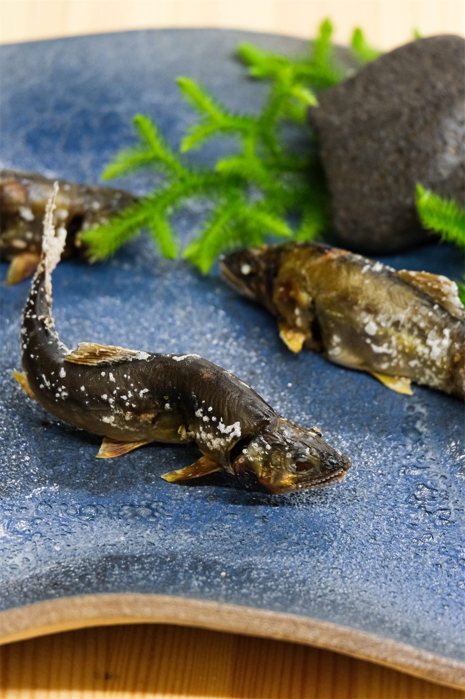 青楓をあしらって皿に並ぶ川魚