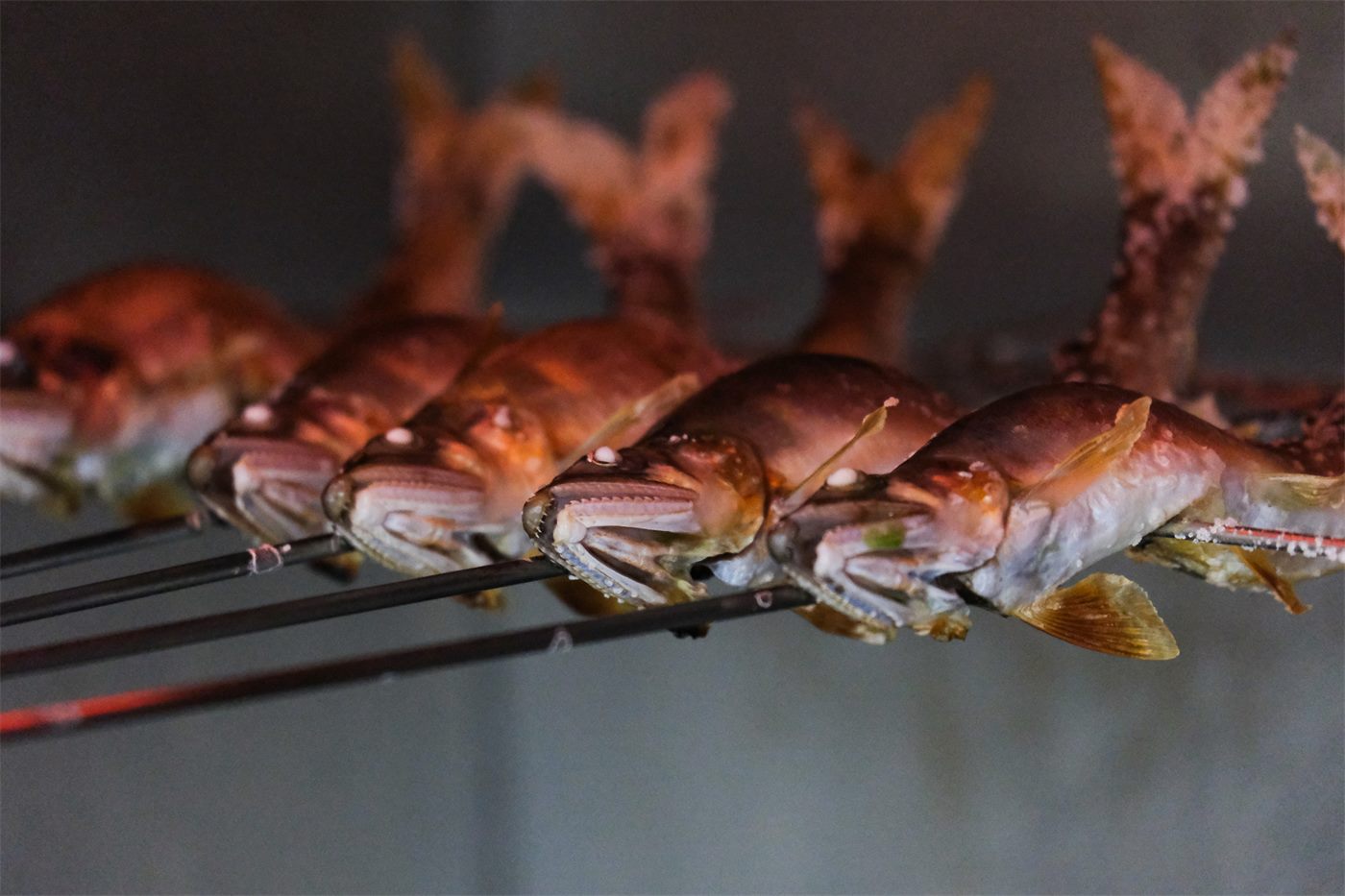 串に打たれ、じっくりと炙られる川魚