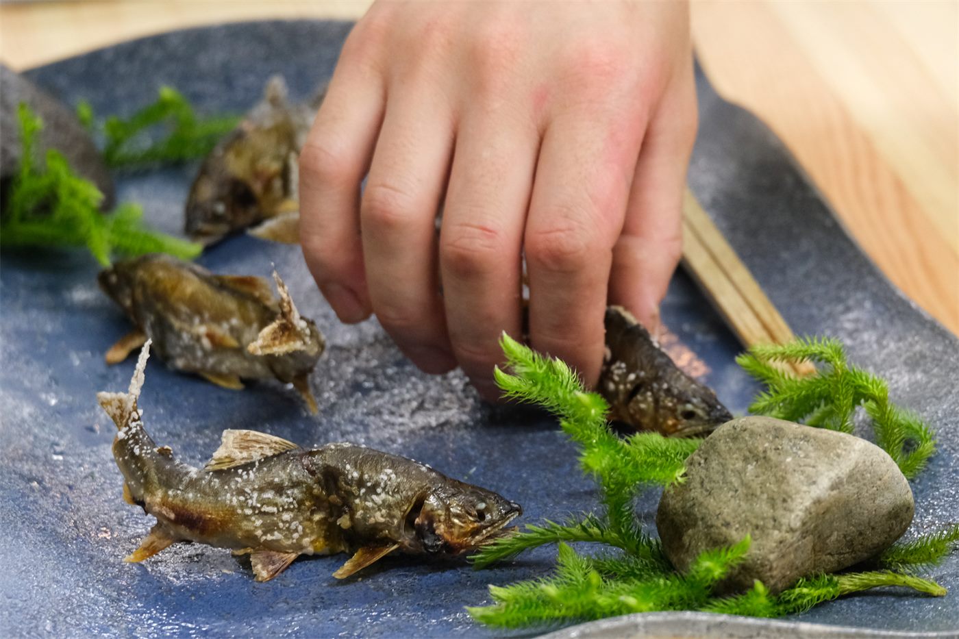 青楓をあしらい、川魚を皿へ移す